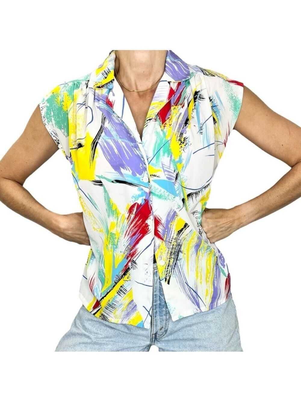 Vintage 80s 90s bold abstract brush stroke colourful cap sleeves blouse top S